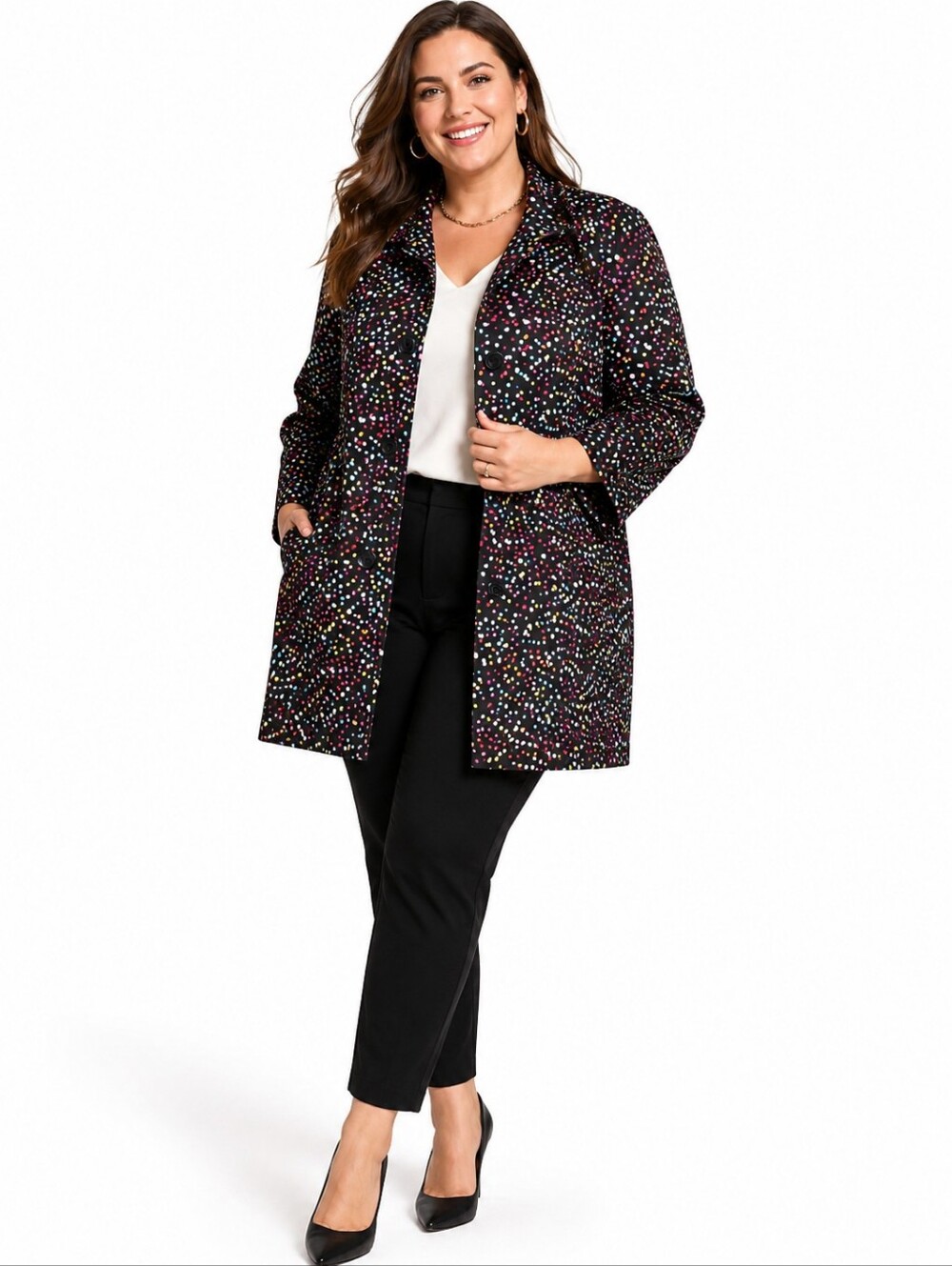 Silkland Vintage Y2K Coat 16W Black Multicolor Confetti Dot Cotton